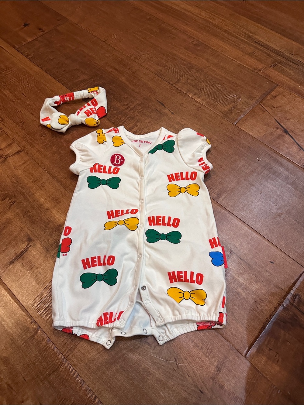 Hello Bow Printed Baby One-Piece Bodysuit with Headband NEVER WORN